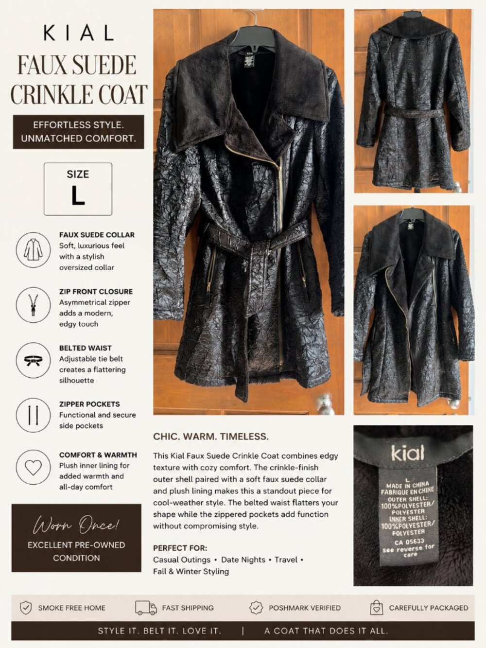 Kial Black Faux Suede Belted Coat Jacket L Crinkle Texture Moto Zip